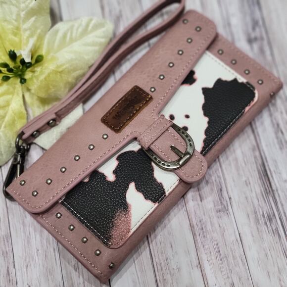 Wrangler Western Cow-Print Tri-fold RFID Wallet/Wristlet Pink. And Brown - Picture 1 of 11